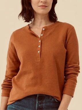 Pact Waffle Henley Orange Long Sleeve Top Organic Cotton